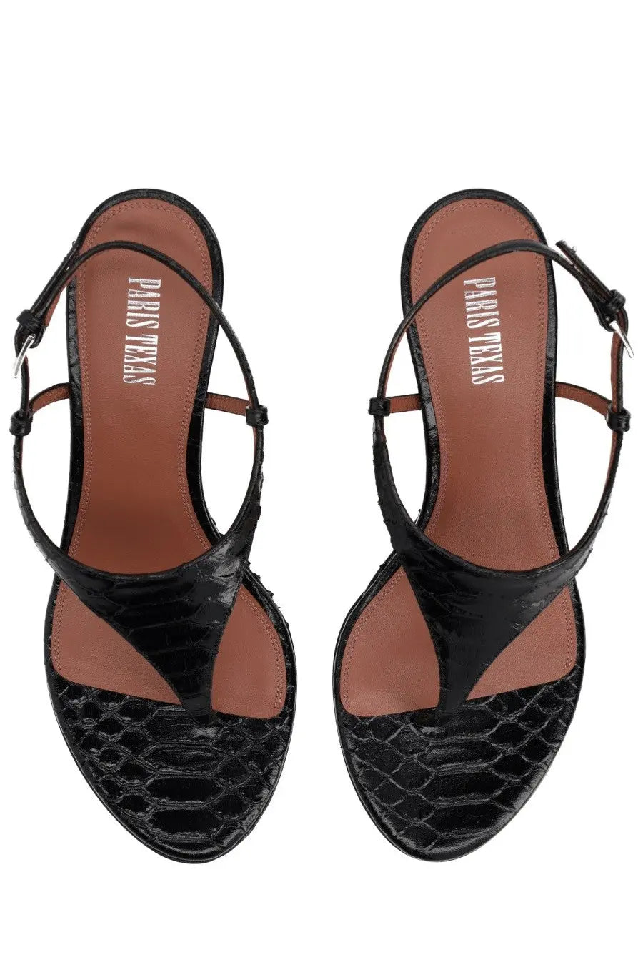 Black crocodile embossed leather thong sandals by paris texas for women with block heel and open toe design