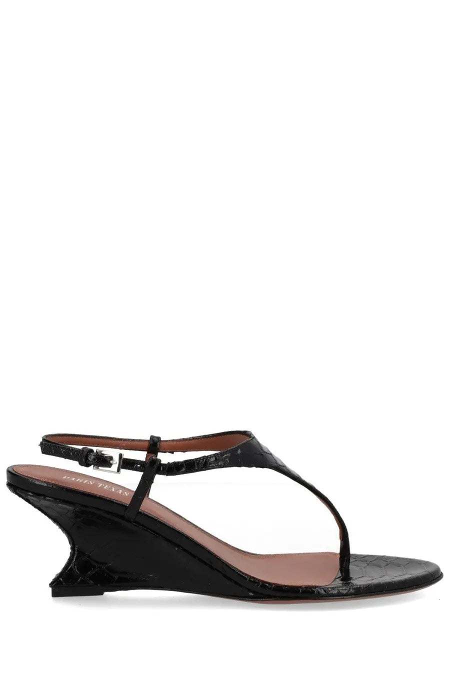 Paris Texas women’s sandalo nina con tacco black patent leather wedge sandal with crocodile texture and silver buckle