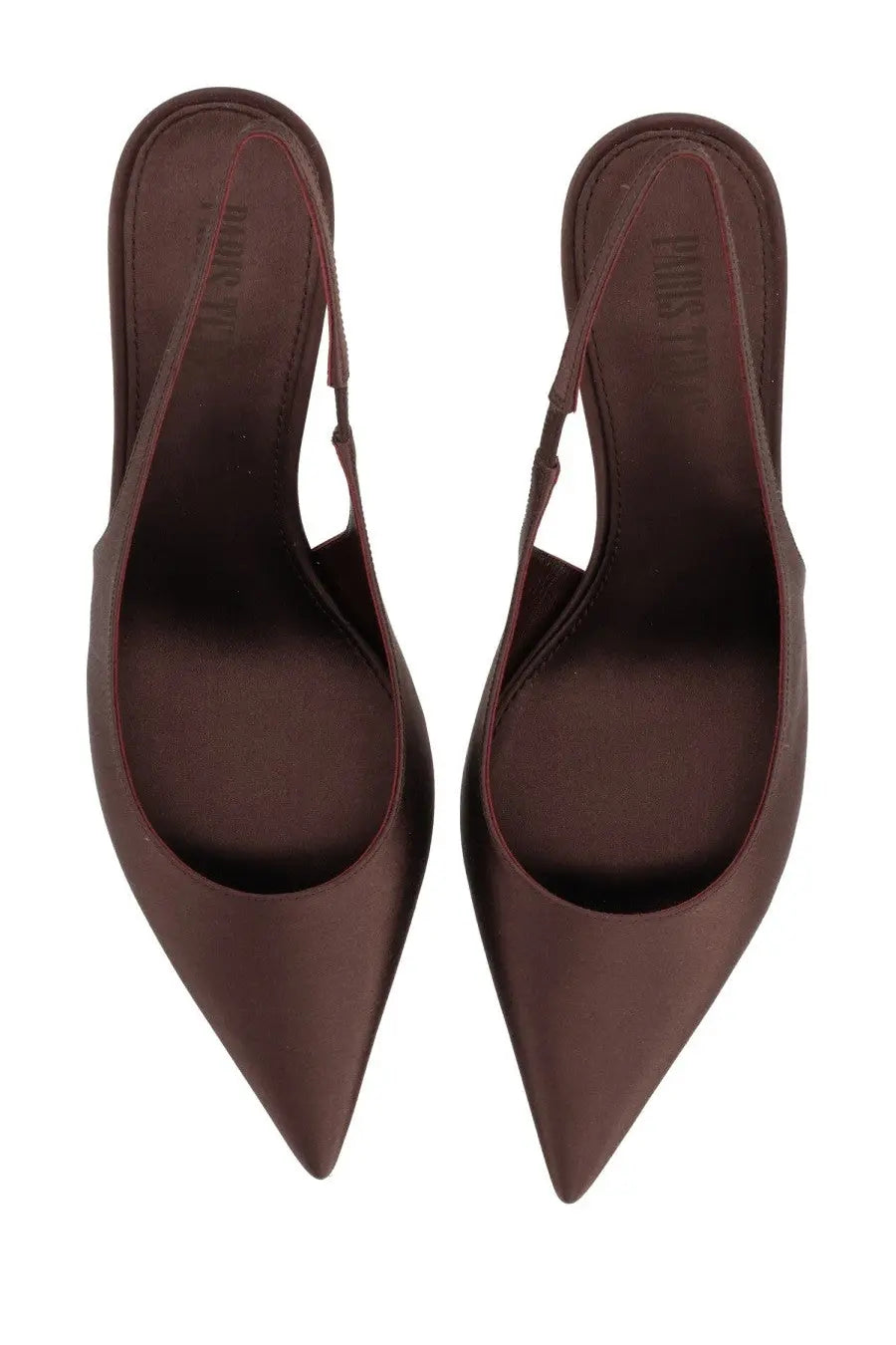 Paris Texas women’s shoe lidia brown burgundy satin slingback heel with pointed toe and thin ankle strap