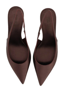 Paris Texas women’s shoe lidia brown burgundy satin slingback heel with pointed toe and thin ankle strap