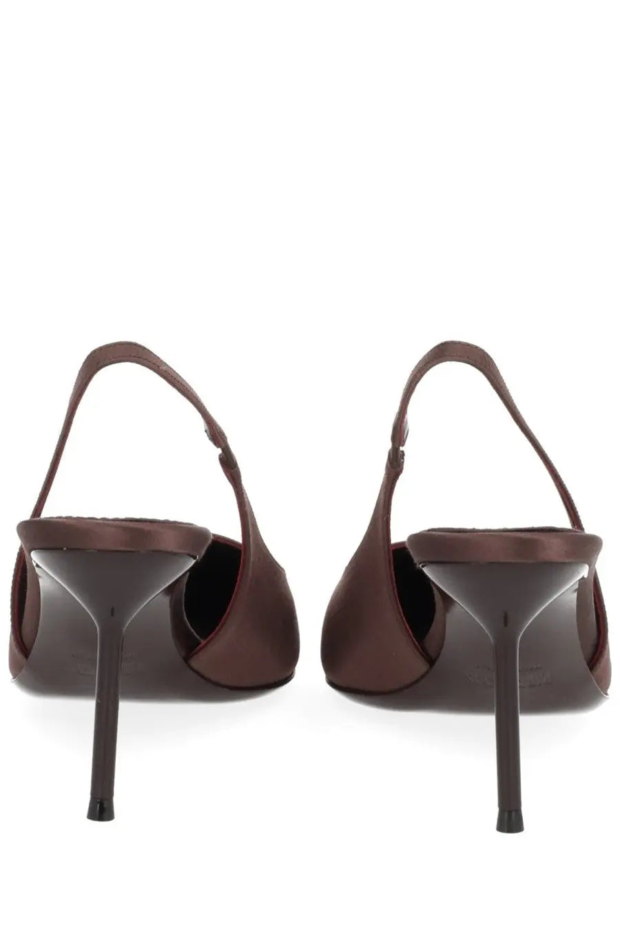 Paris Texas women’s shoe lidia brown satin slingback heels with sleek high stiletto heel visible from the back side