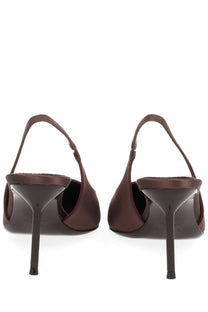 Paris Texas women’s shoe lidia brown satin slingback heels with sleek high stiletto heel visible from the back side