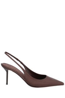 Brown satin slingback pump with slender stiletto heel from Paris Texas women’s shoe Lidia brown collection