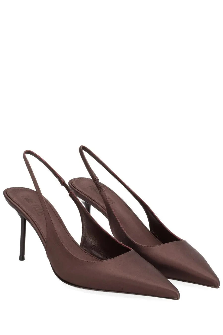 Brown satin slingback pumps with pointed toe and slender heel from Paris Texas women’s shoe Lidia brown collection
