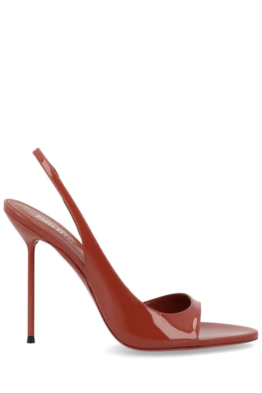 A sleek glossy terracotta slingback high heel with a slender stiletto sole from Paris Texas Women’s Lydia Red collection
