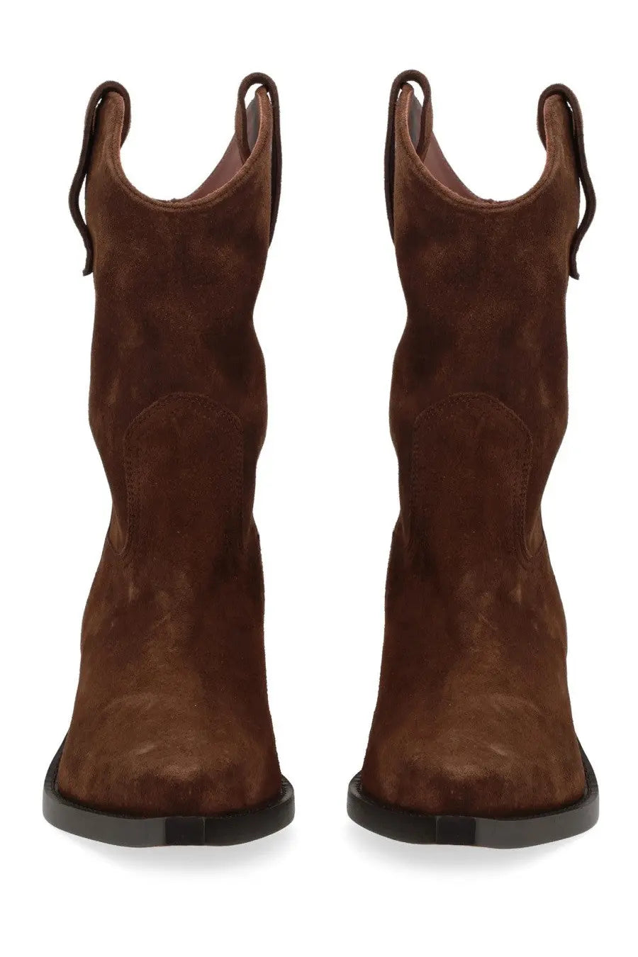 Brown suede paris texas women’s stivale dakota cowboy boots with black rubber soles and back pull tabs shown from the back