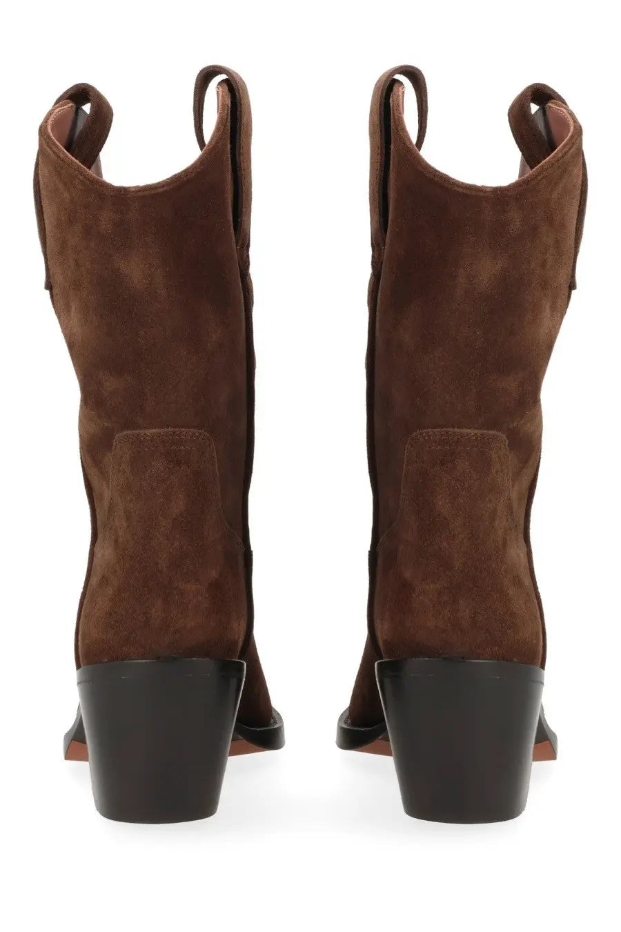 Brown suede paris texas women’s stivale dakota boots with black block heels and pull loops shown from the back side