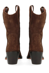 Brown suede paris texas women’s stivale dakota boots with black block heels and pull loops shown from the back side