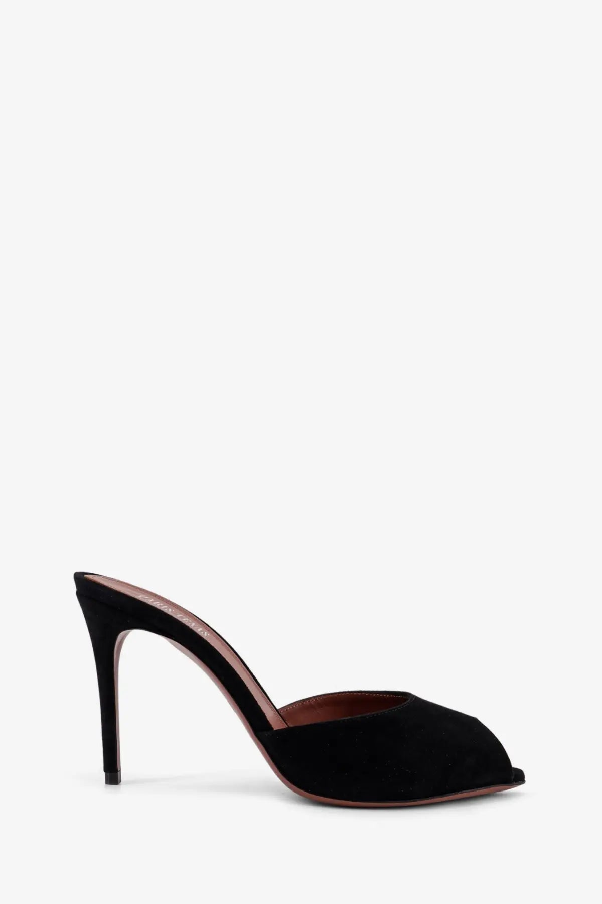 Black suede mule heel with pointed toe and slender stiletto heel from Paris Texas women’s Vera suede sandals black collection