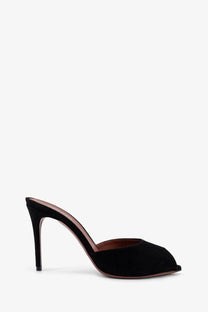 Black suede mule heel with pointed toe and slender stiletto heel from Paris Texas women’s Vera suede sandals black collection