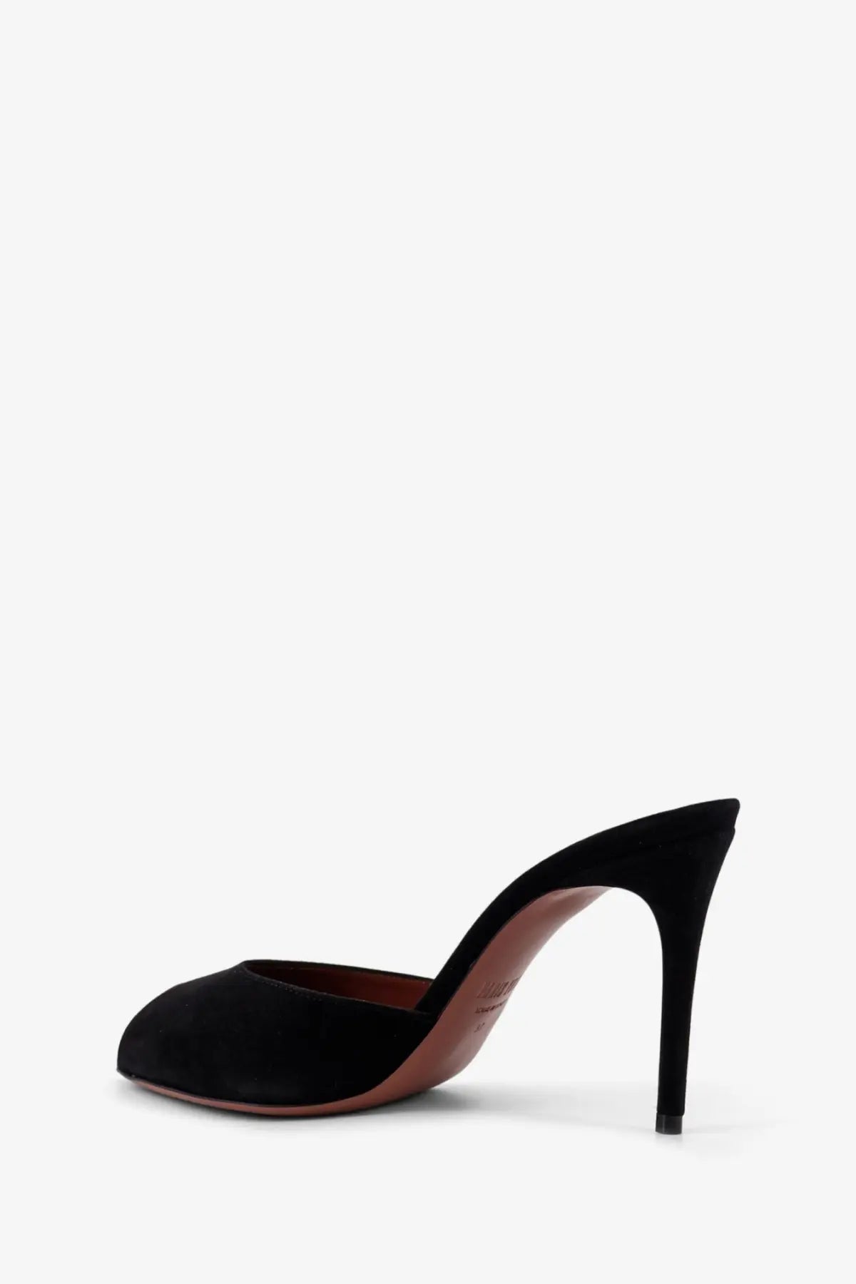 Paris Texas women’s Vera suede sandals black featuring a black suede mule heel with slender stiletto sole and brown lining