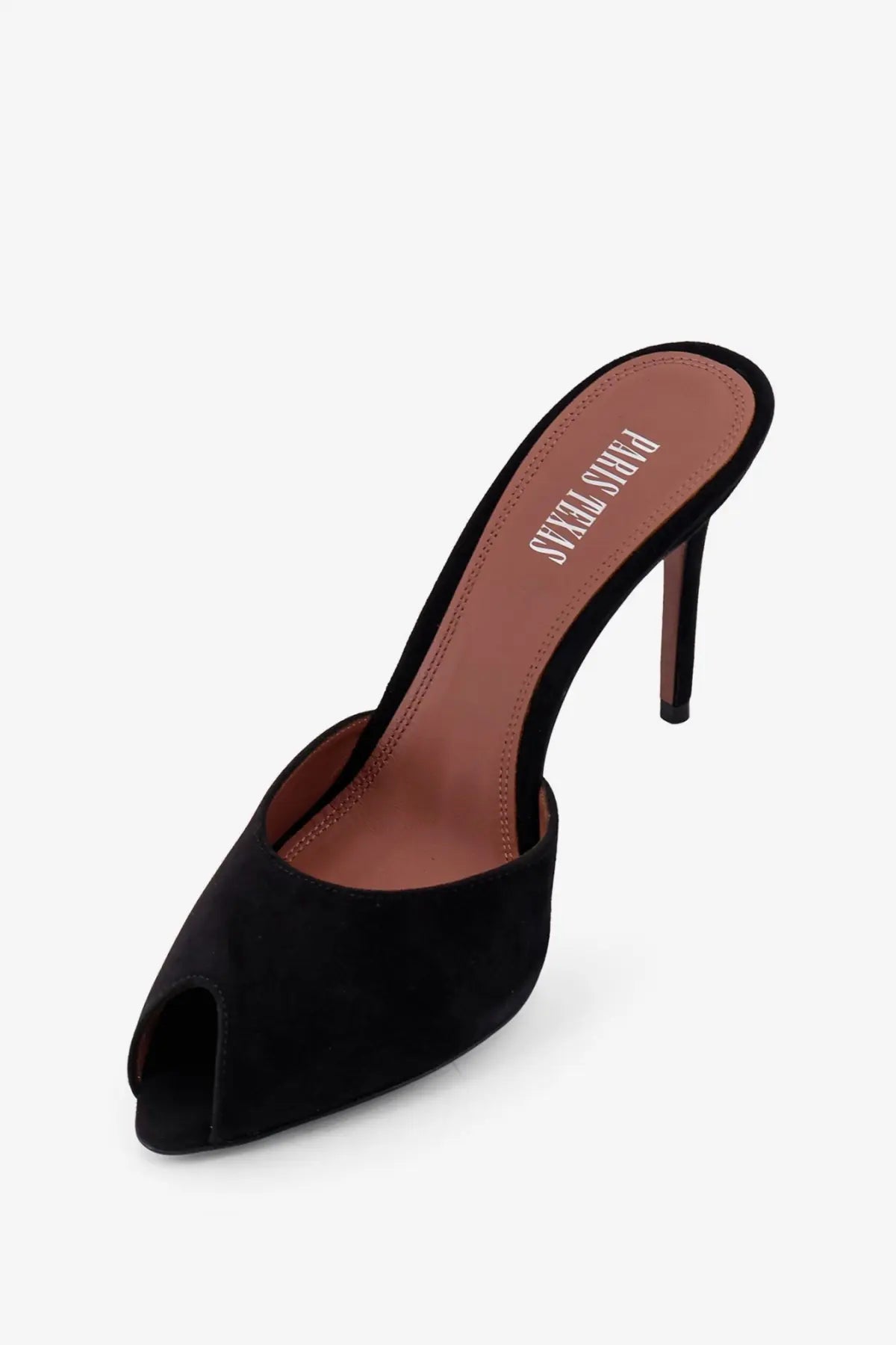 Paris Texas women’s Vera suede sandals black peep-toe mule with slender high heel and brown leather lining