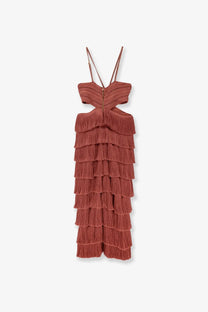 Patbo women’s amethyst rust-colored tiered fringe maxi dress with cropped bodice and thin straps brown color