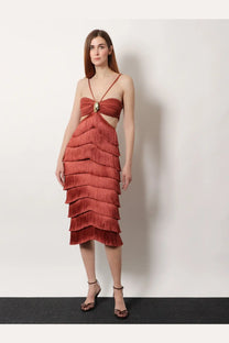 Patbo women’s amethyst fringed dress brown rust-colored tiered fringe midi dress with cut-out bodice and metallic detail
