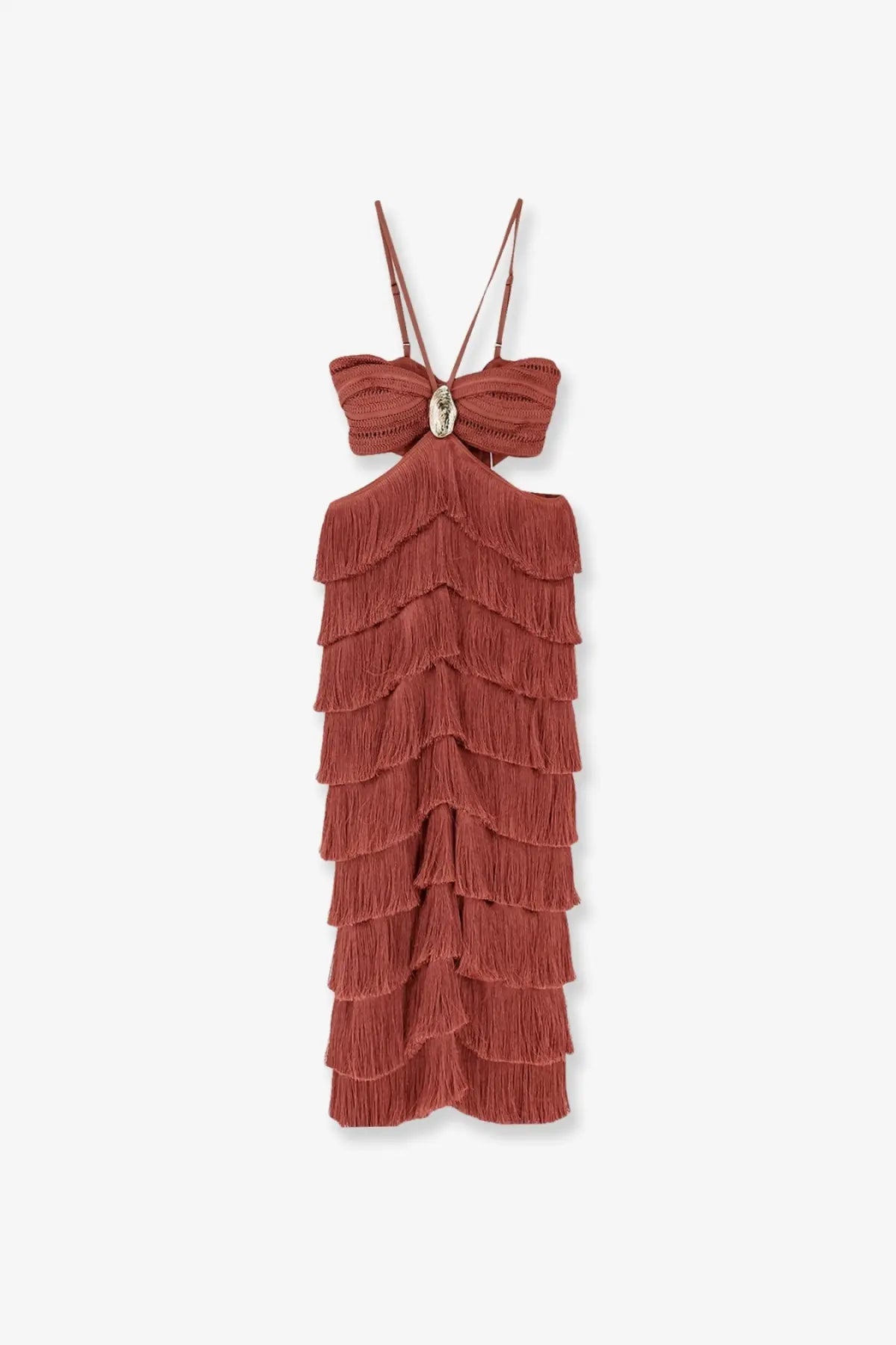 Patbo women’s amethyst fringed rust-colored tiered fringe maxi dress with thin straps and metallic bust embellishment