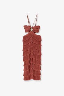 Patbo women’s amethyst fringed rust-colored tiered fringe maxi dress with thin straps and metallic bust embellishment