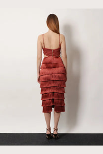 Patbo women’s amethyst fringed dress brown terracotta tiered fringe midi dress with spaghetti straps and back zipper visible