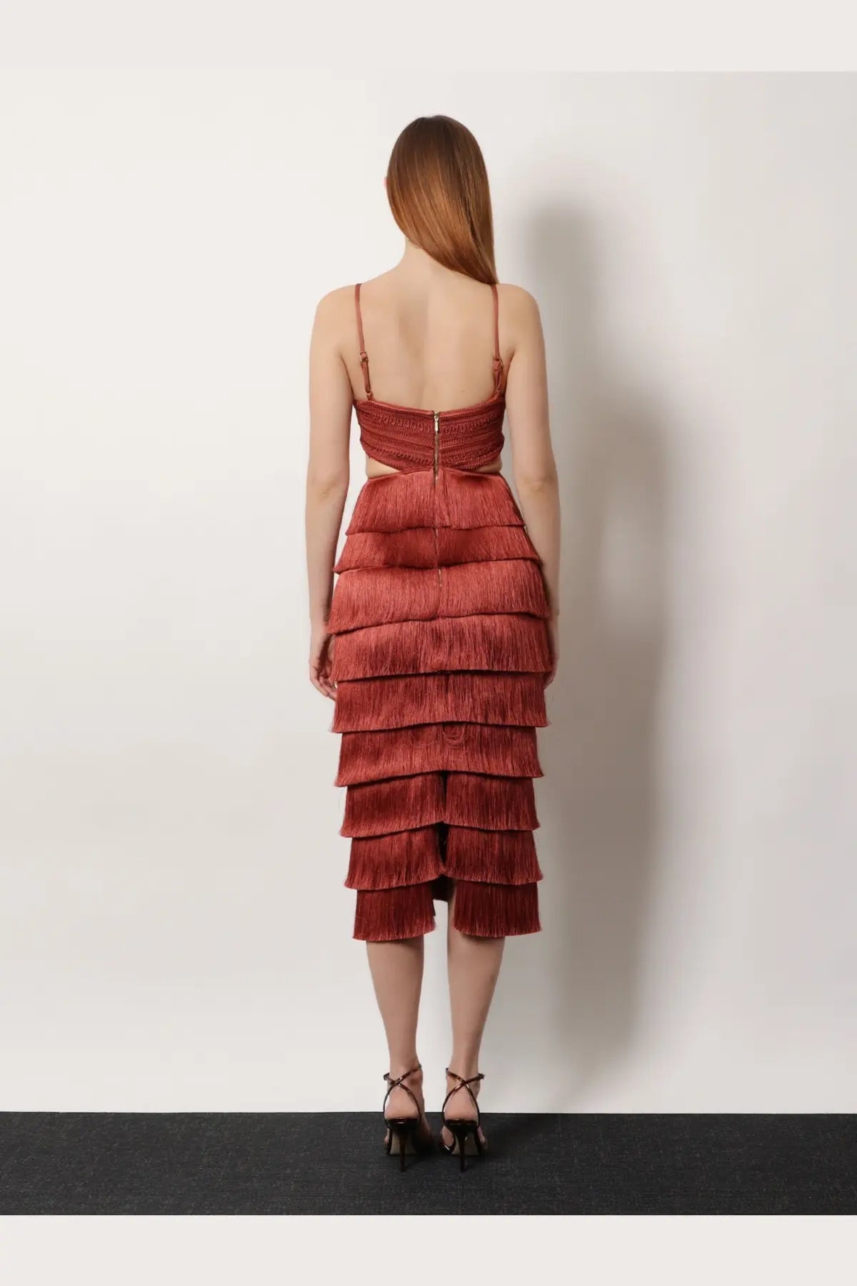 Patbo women’s amethyst fringed dress brown terracotta tiered fringe midi dress with spaghetti straps and back zipper view