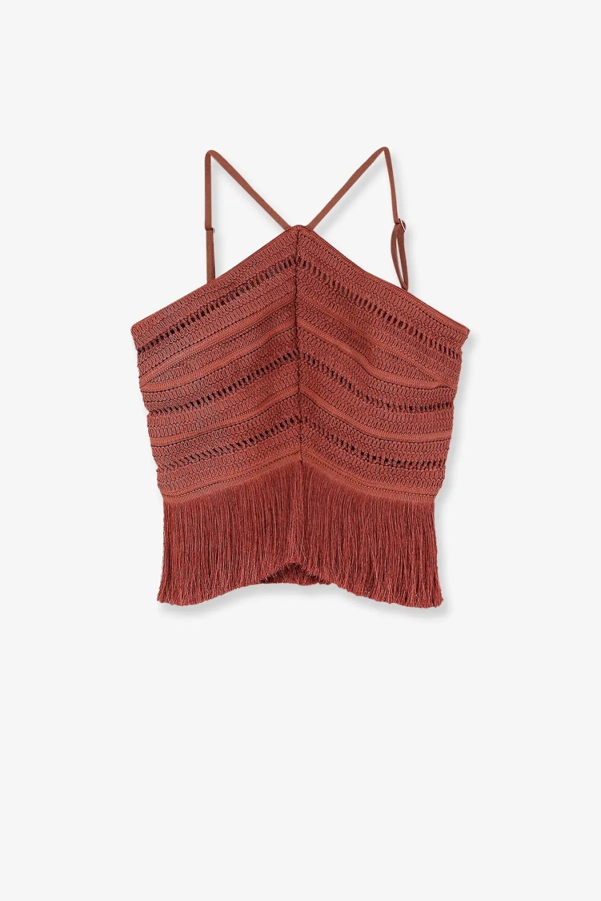 Rust-colored knitted crop top with crossed shoulder straps and fringe hem from Patbo women’s asymmetrical top brown collection