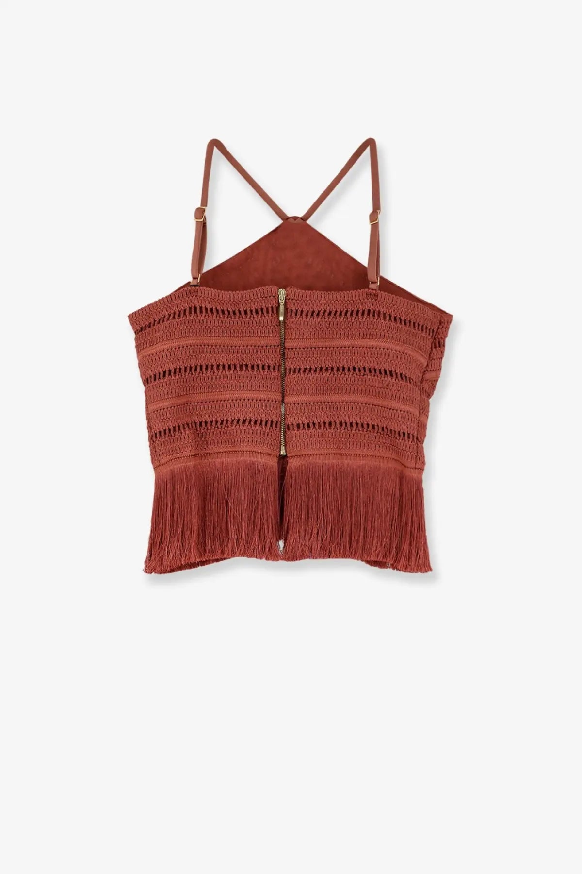 Rust-colored knitted crop top with fringe detailing and crossed shoulder straps from patbo womens asymmetrical top brown