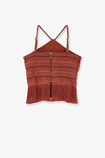 Rust-colored knitted crop top with fringe detailing and crossed shoulder straps from patbo womens asymmetrical top brown