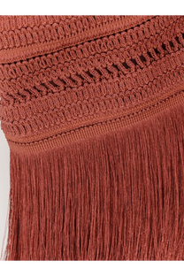 Patbo women’s asymmetrical rust-colored knitted top with intricate lace patterns and long flowing fringe