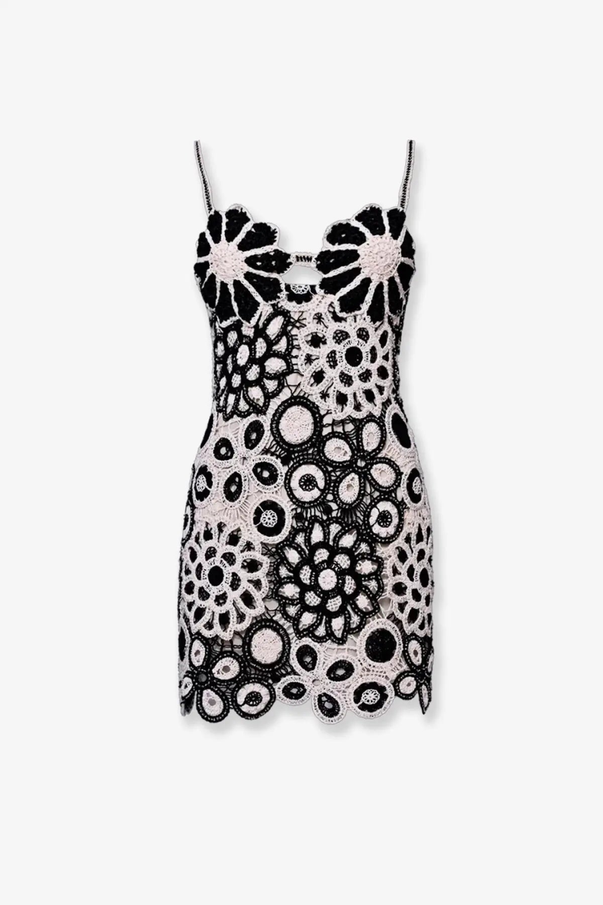 Patbo women’s black and white crocheted floral mini dress with delicate spaghetti straps and intricate detailing