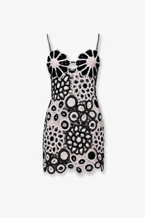 Patbo women’s black and white crocheted floral mini dress with delicate spaghetti straps and intricate detailing