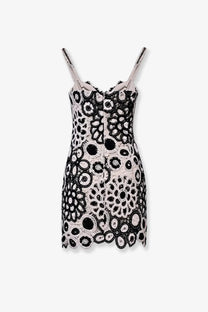 Patbo women’s crochet mini dress in black with delicate spaghetti straps and black and white floral lace design