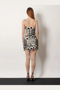 Patbo women’s crochet mini dress in black with intricate circular embroidery and black and white patterned fabric