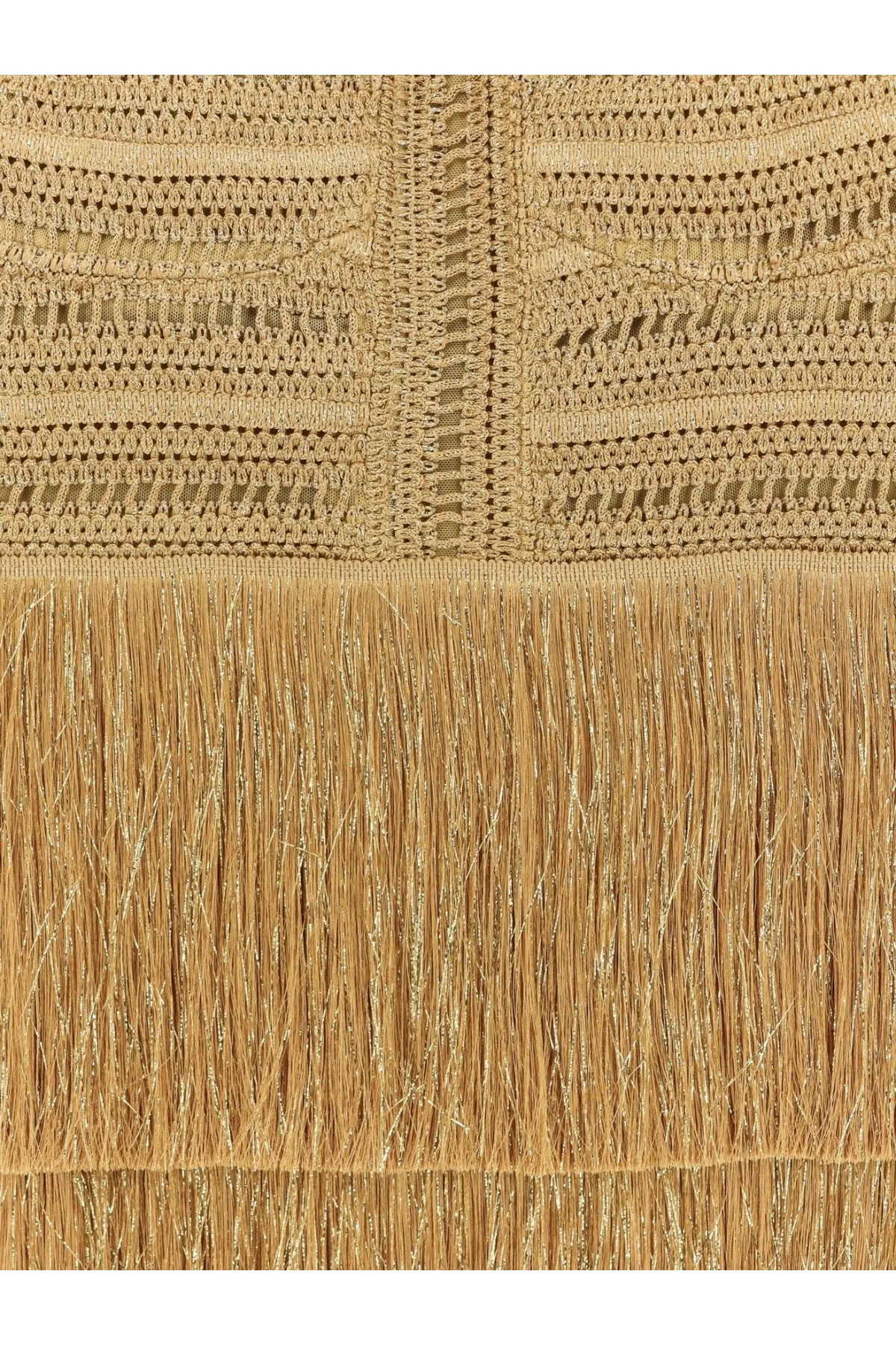 Patbo women’s long gold dress featuring a golden intricately crocheted top with textured pattern and long fringe