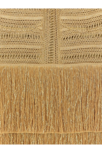 Patbo women’s long gold dress featuring a golden intricately crocheted top with textured pattern and long fringe