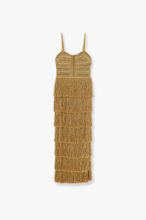 Patbo women’s long dress gold features a golden tiered fringe maxi skirt with a knitted bodice and thin straps