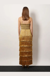 Patbo women’s long dress in gold featuring a tiered fringe maxi skirt textured bodice and thin straps