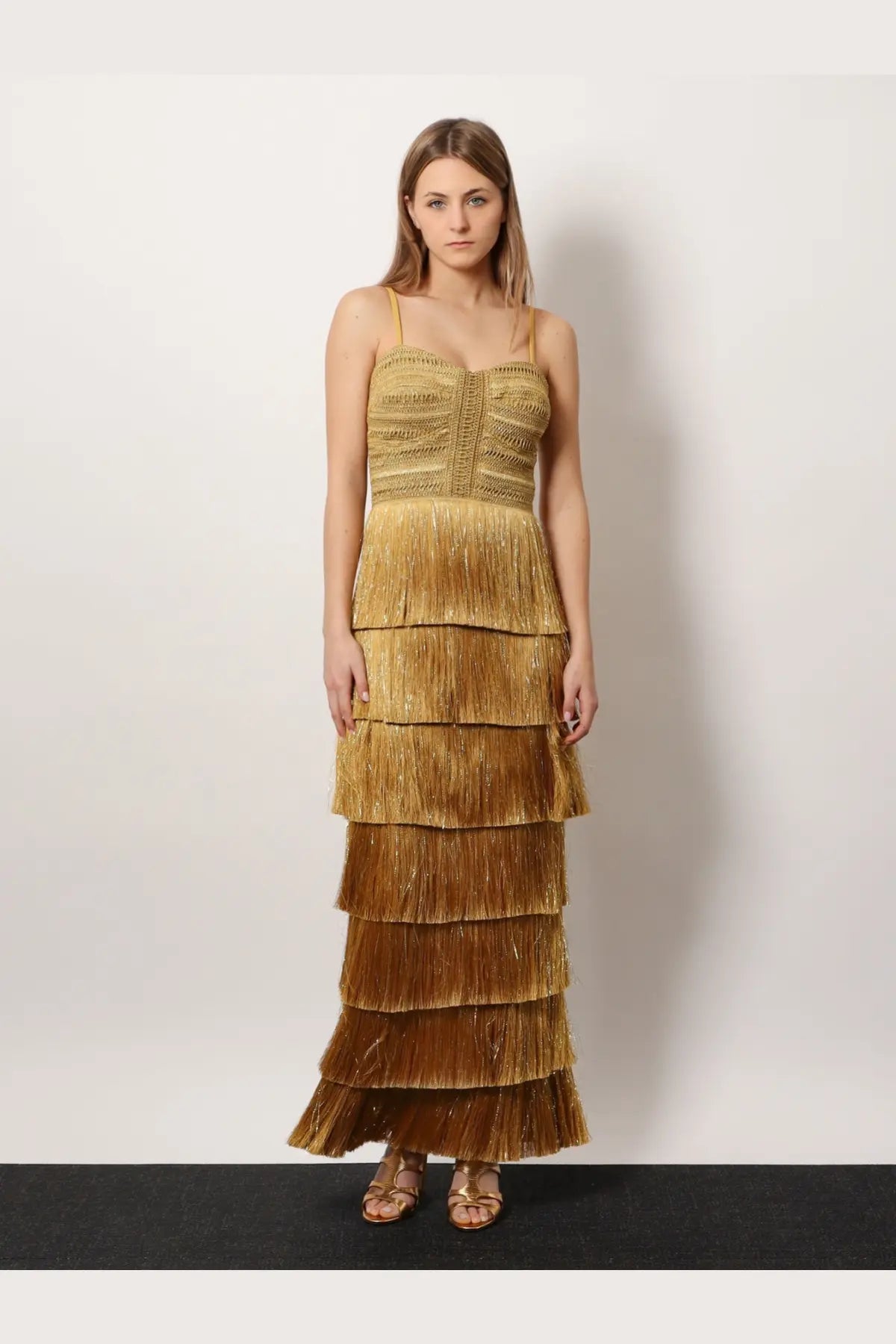 Patbo women’s long dress gold with a textured bodice and tiered fringe maxi skirt in shimmering fabric