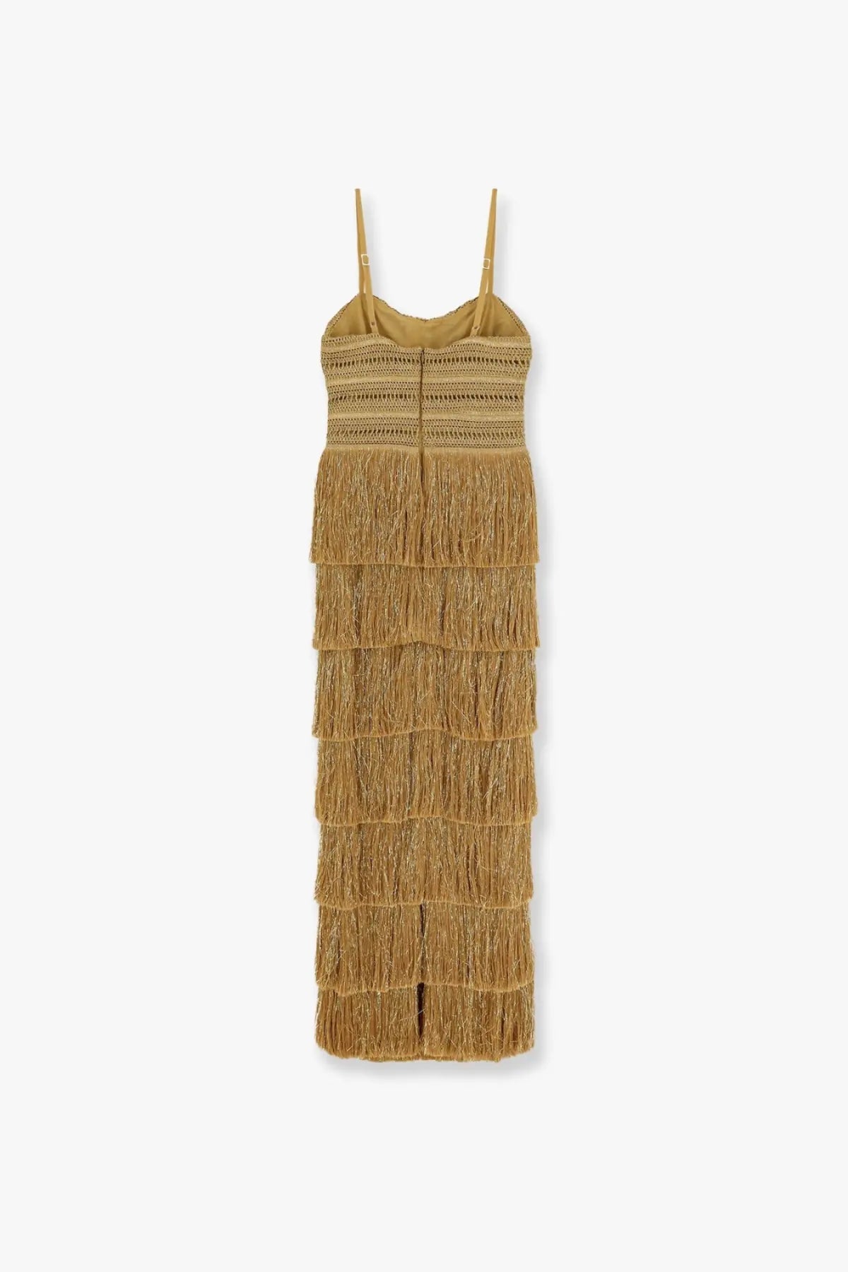 Patbo women’s long mustard-yellow maxi dress with delicate spaghetti straps and cascading tiered fringe detailing