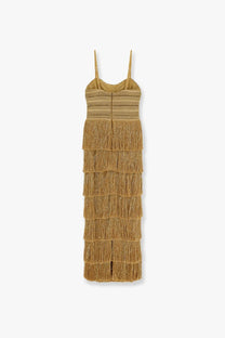 Patbo women’s long mustard-yellow maxi dress with delicate spaghetti straps and cascading tiered fringe detailing