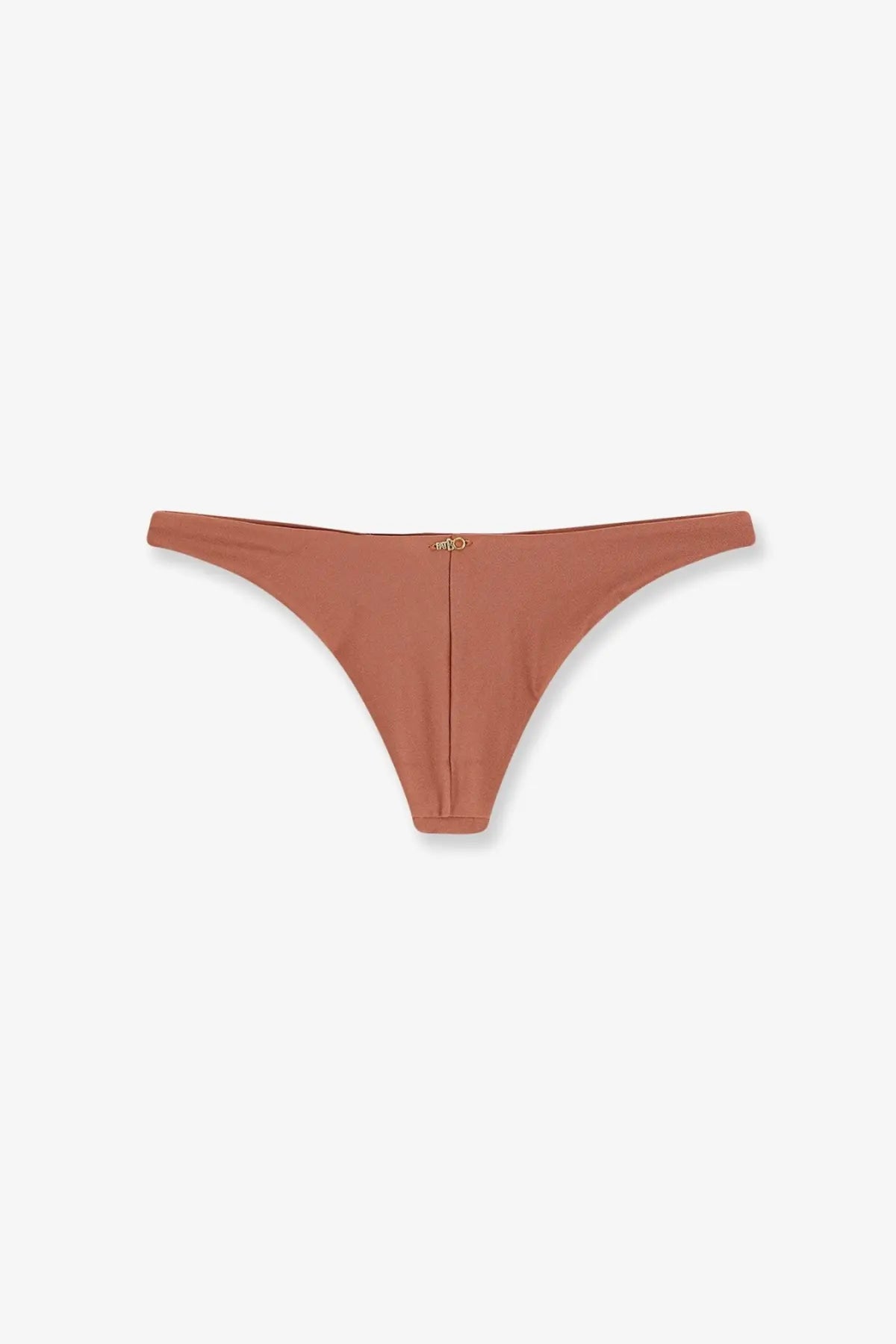 Back view of patbo women’s rust-colored lycra thong bikini bottom with smooth fabric and gold-tone logo