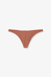 Back view of patbo women’s rust-colored lycra thong bikini bottom with smooth fabric and gold-tone logo