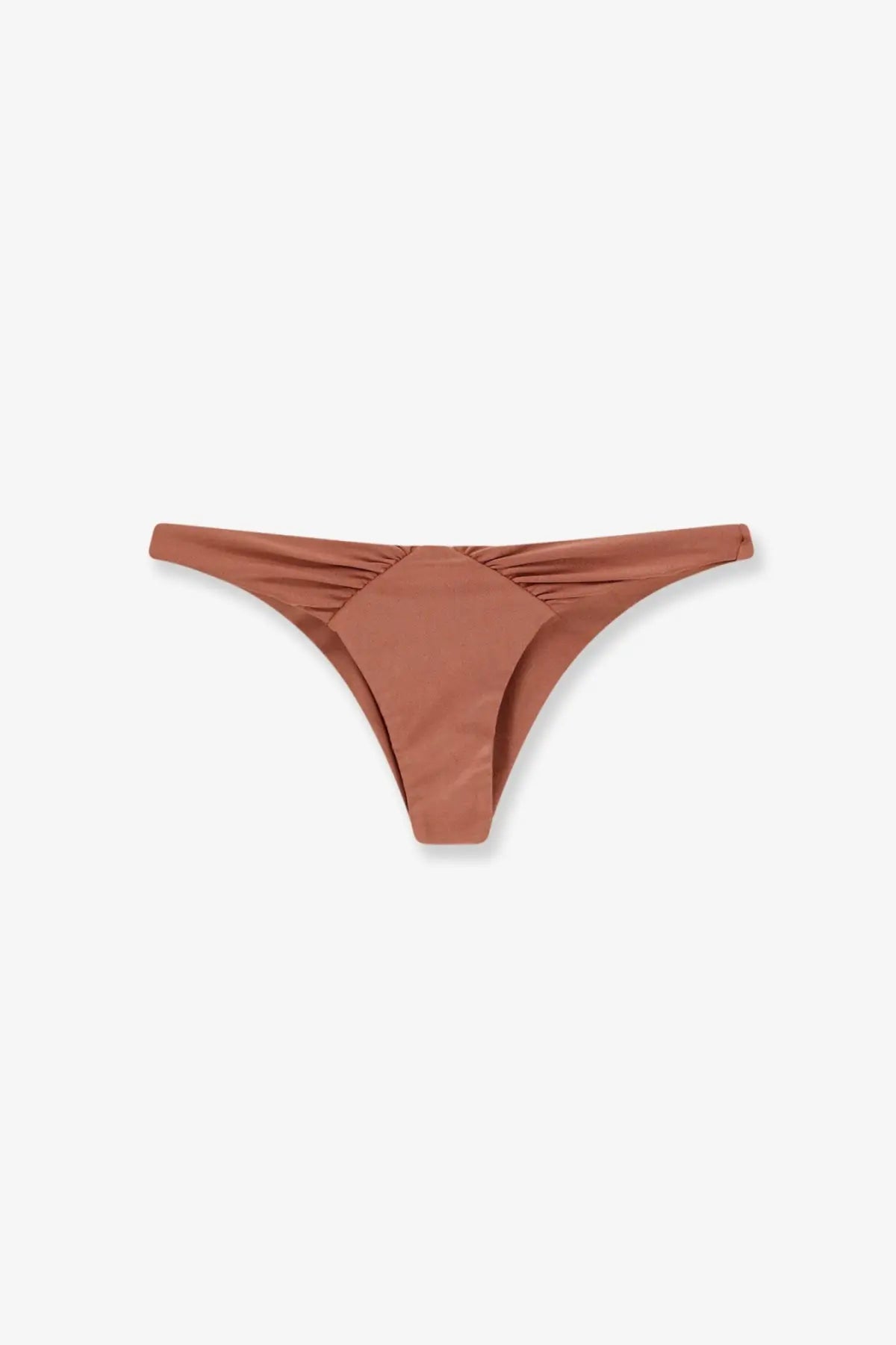 Patbo women’s lycra bikini bottoms orange in rust color with smooth satin fabric and ruched waistband thong style back view