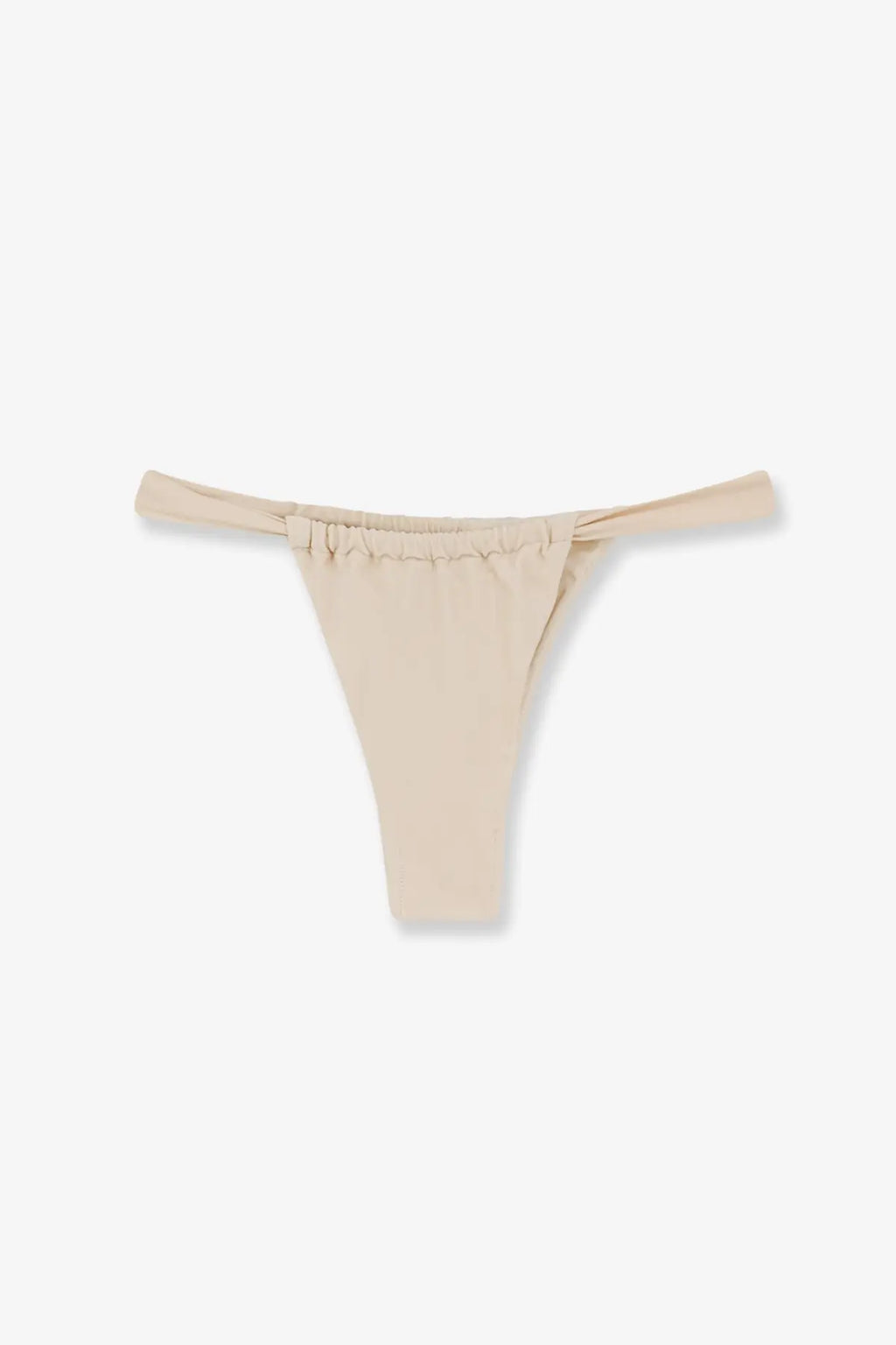 Beige patbo women’s lycra bikini bottoms with a ruched tied waistband shown from the back side