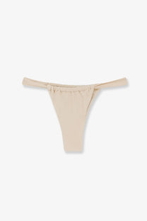 Beige patbo women’s lycra bikini bottoms with a ruched tied waistband shown from the back side