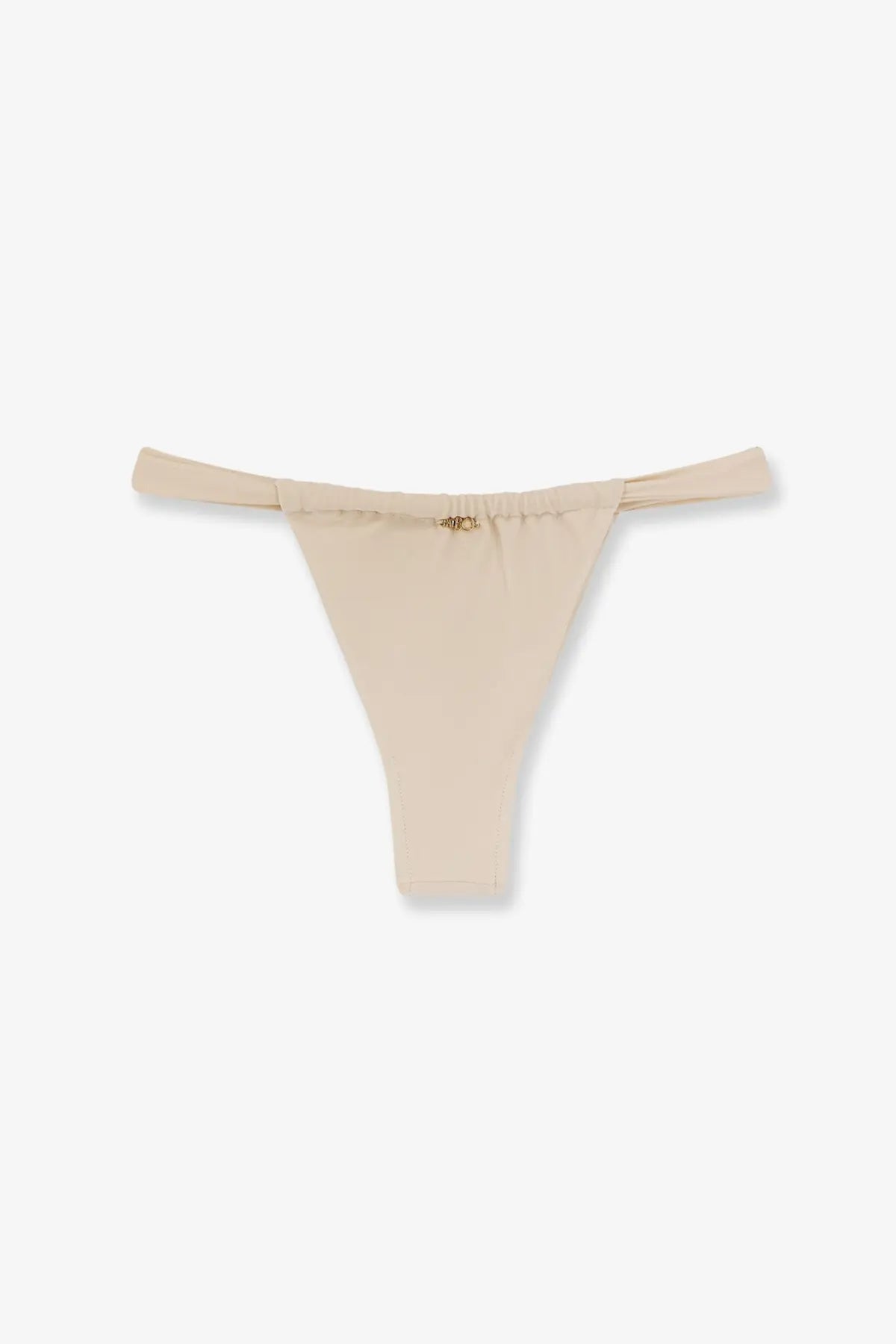 Beige Patbo women’s lycra thong bikini bottoms with a subtle gold logo on the waistband front center