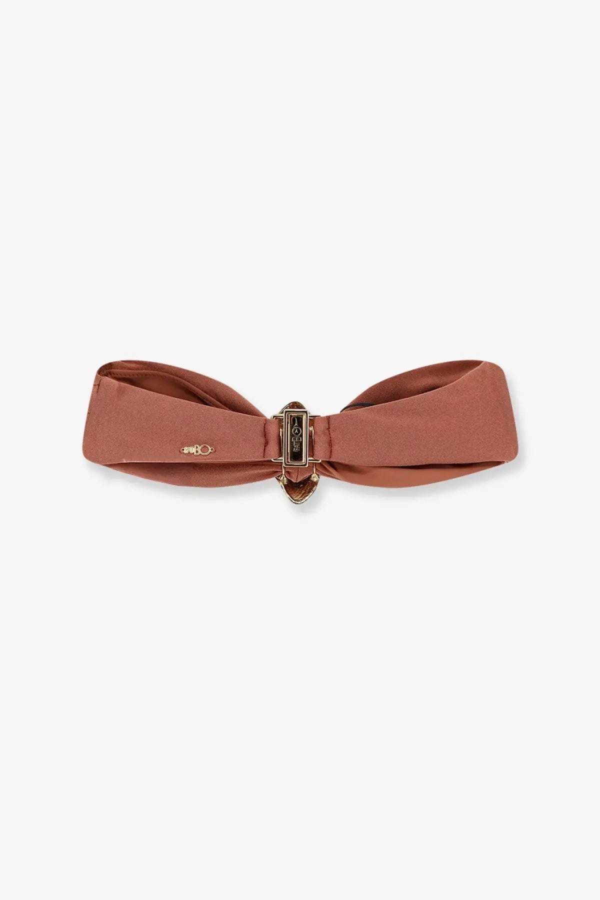 A dusty rose satin belt with a central bow and gold tone buckle engraved with the brand name patbo women’s lycra bikini top orange