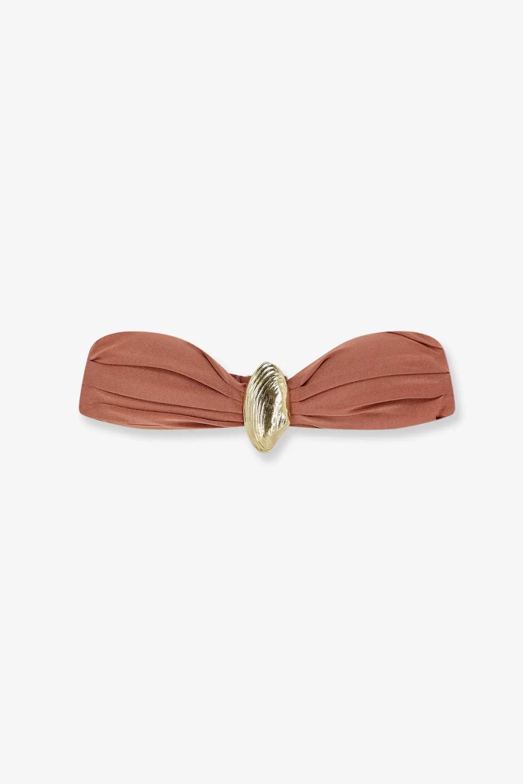 Patbo women’s orange lycra bikini top with terracotta ribbed fabric and gold-toned shell-shaped clasp