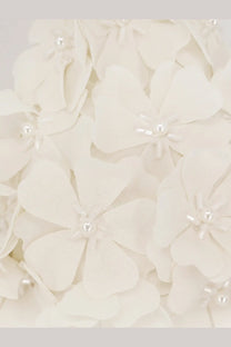 Patbo women’s white lycra bikini top featuring delicate ivory fabric flowers with tiny pearl centers