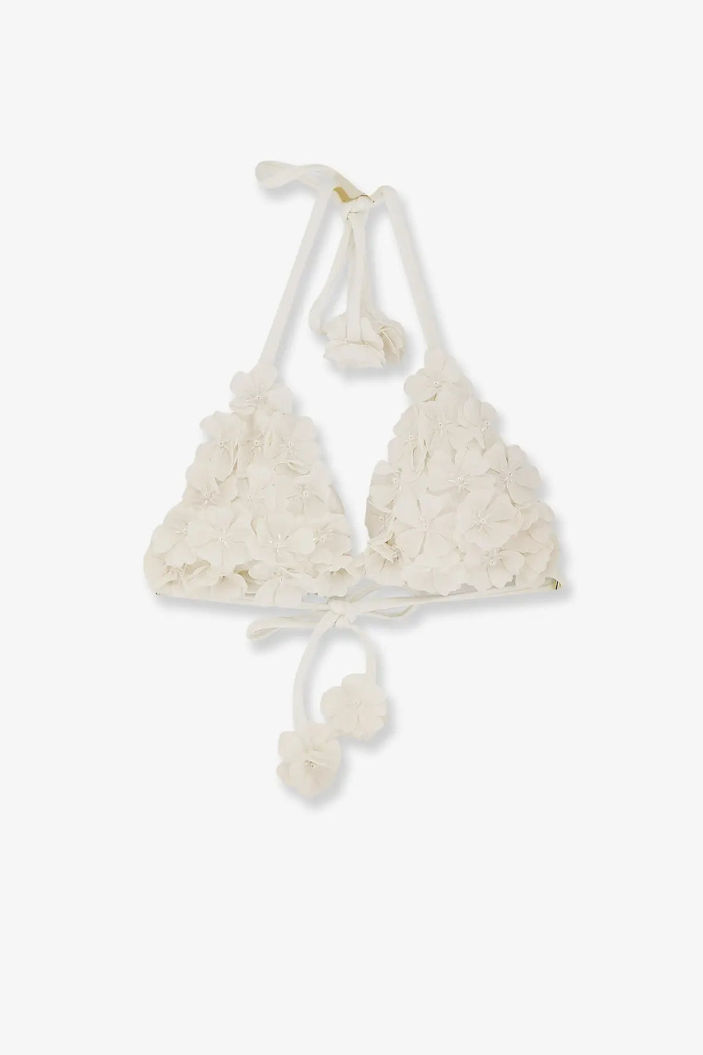 Patbo women’s lycra bikini top white with off-white floral embellishments lace and tied fabric halter straps