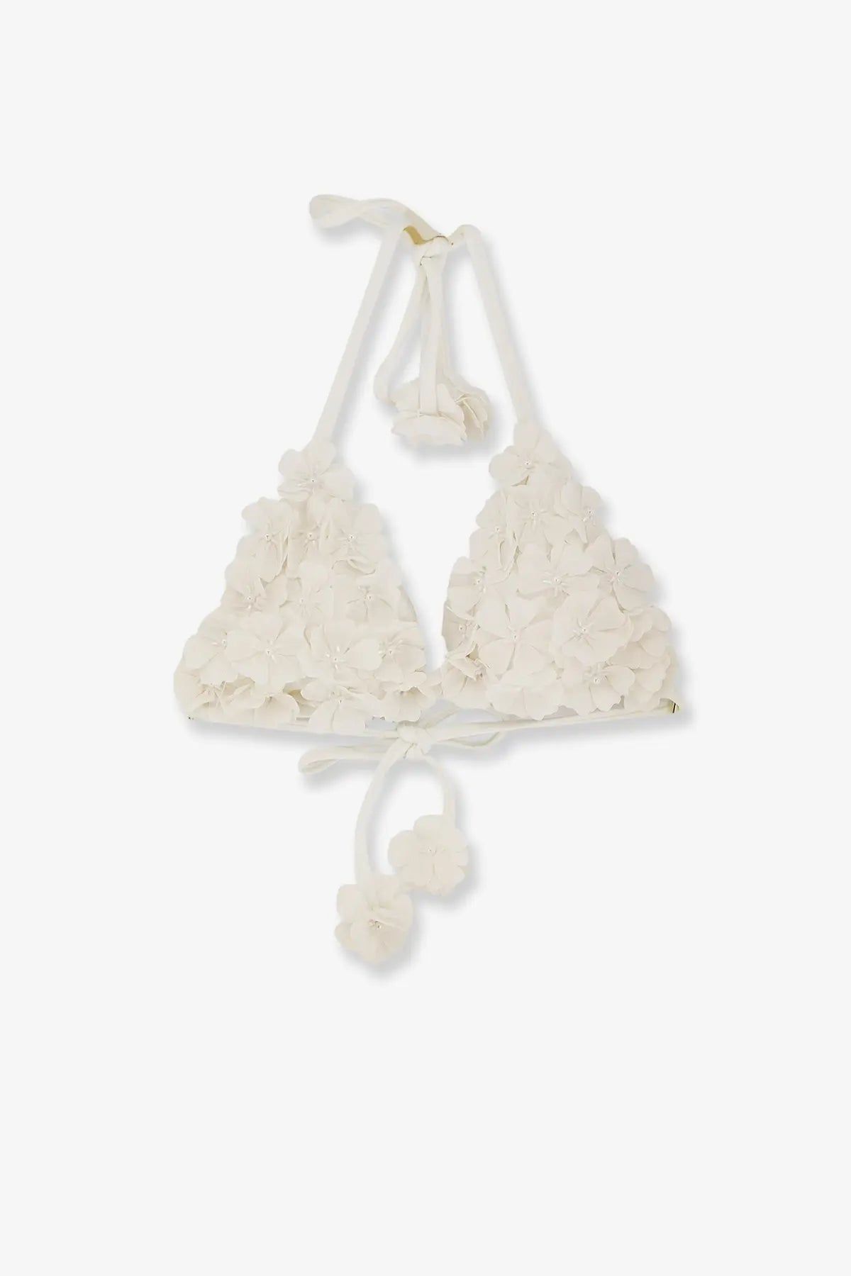 Patbo women’s lycra bikini top white with off-white floral embellishments lace and tied fabric halter straps