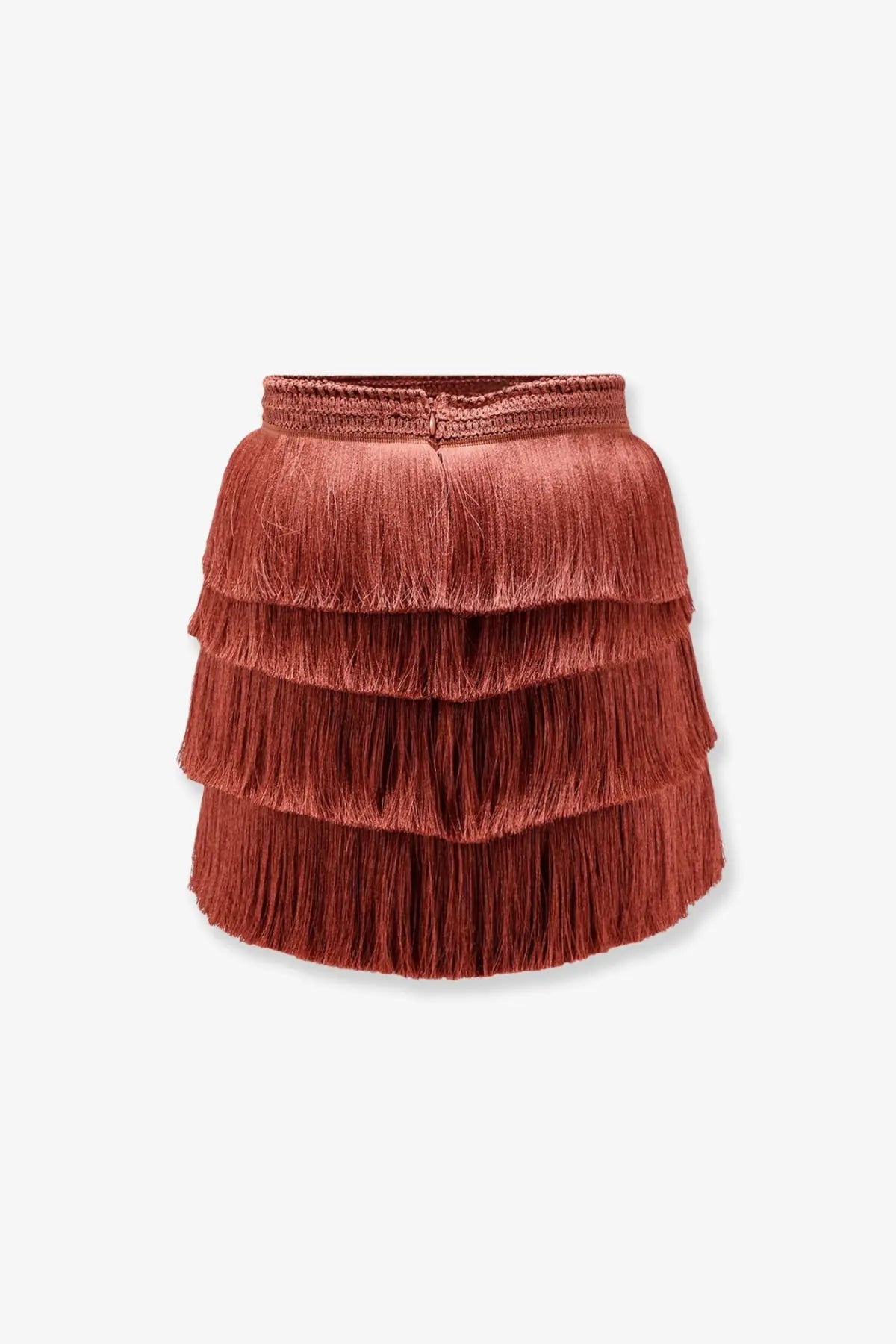 Patbo women’s mini skirt brown with rust-colored tiered fringe and a textured woven waistband
