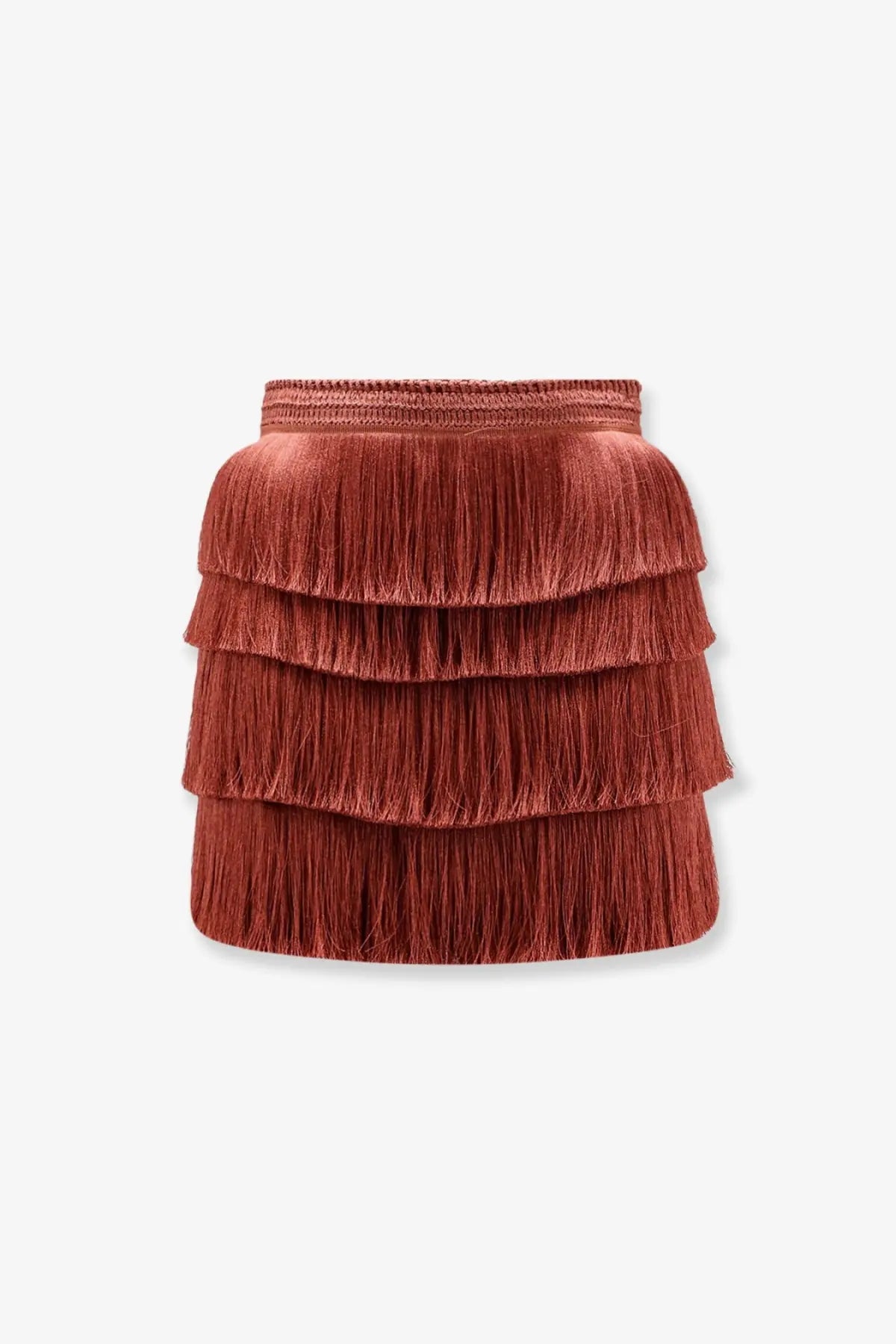 Patbo women’s mini skirt brown rust-colored velvet with three tiers of fringe for stylish wear